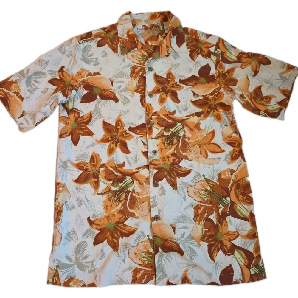 Caribbean Joe Mens Small 100% Silk Hawaiian Shirt Tiger Lily Orange Vacation‎ S